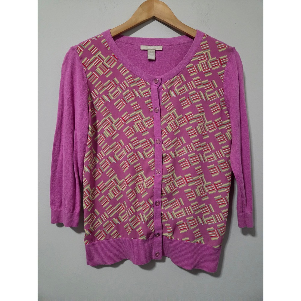 Banana Republic Pink Geometric Print Mixed Media 3/4 Sleeve Cardigan Sweater S